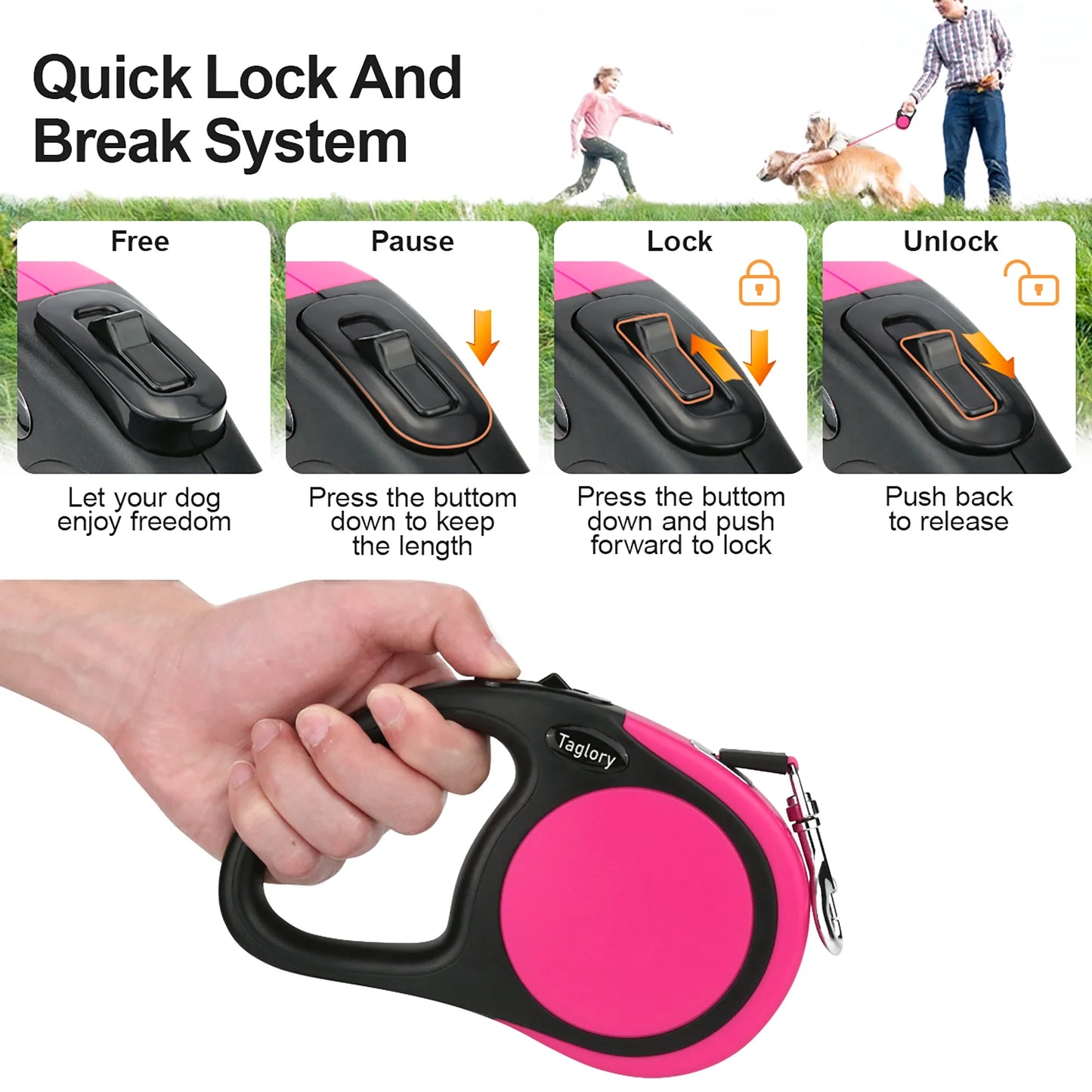 Retractable Dog Leash for Small Dogs, 16Ft anti Slip Handle Dog Leashes for Medium Dog, Pink