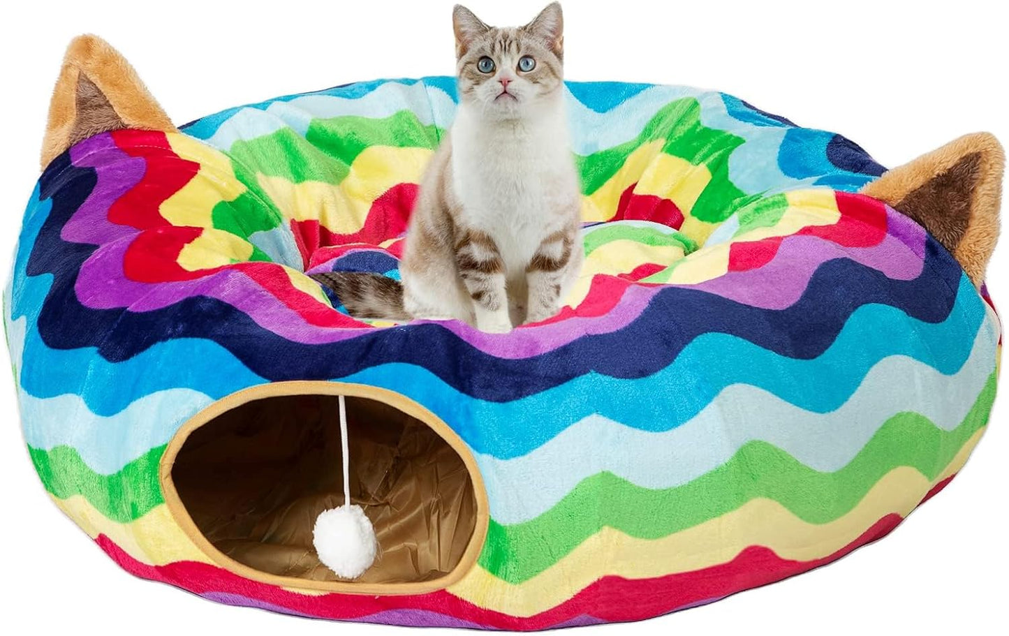 Large Cat Tunnel Bed with Plush Cover,Fluffy Toy Balls, Small Cushion and Flexible Design- 10 Inch Diameter, 3 Ft Length- Great for Cats, and Small Dogs, Gray Star Pattern