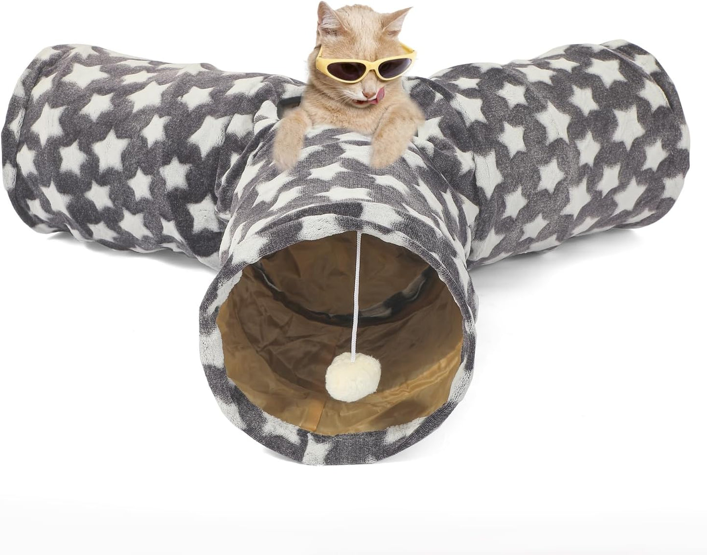 Large Cat Tunnel Bed with Plush Cover,Fluffy Toy Balls, Small Cushion and Flexible Design- 10 Inch Diameter, 3 Ft Length- Great for Cats, and Small Dogs, Gray Star Pattern