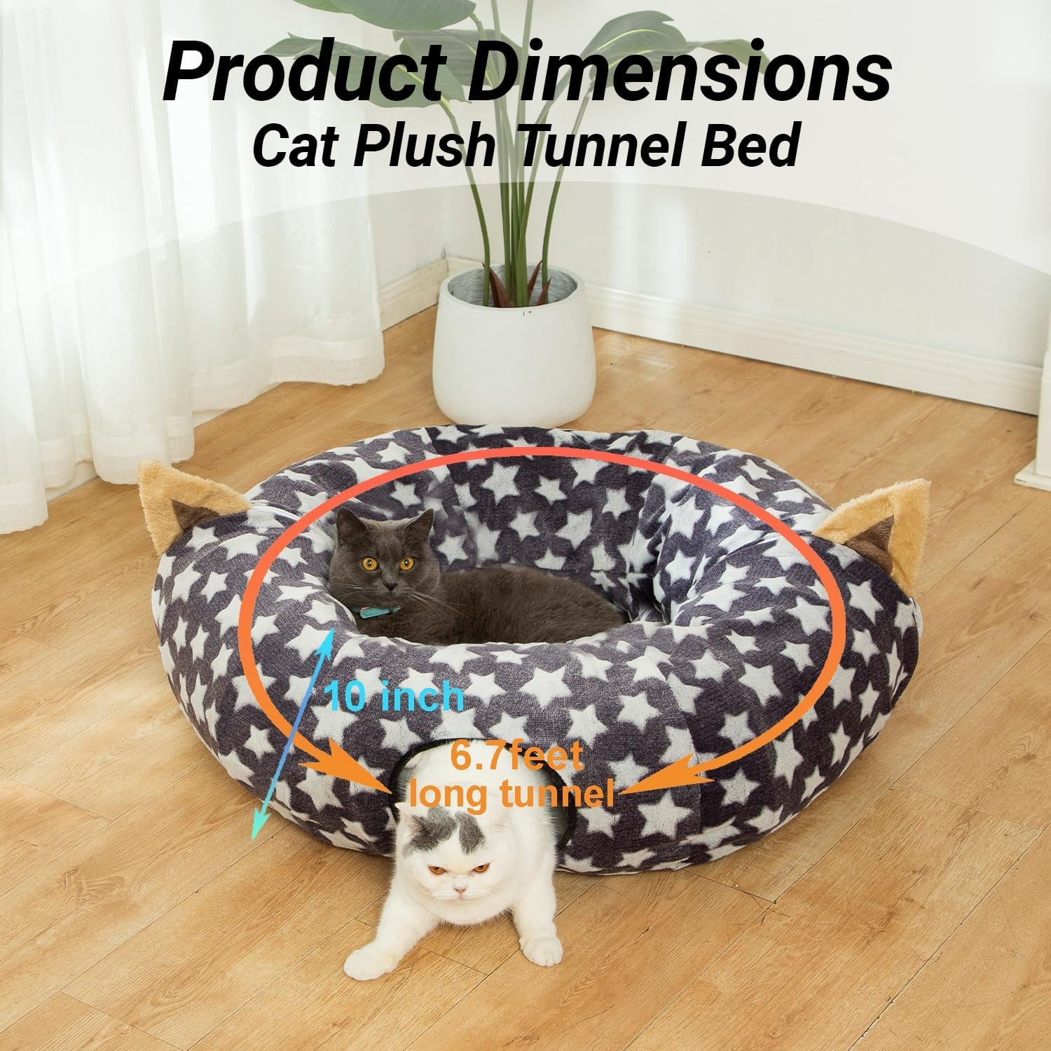 Large Cat Tunnel Bed with Plush Cover,Fluffy Toy Balls, Small Cushion and Flexible Design- 10 Inch Diameter, 3 Ft Length- Great for Cats, and Small Dogs, Gray Star Pattern