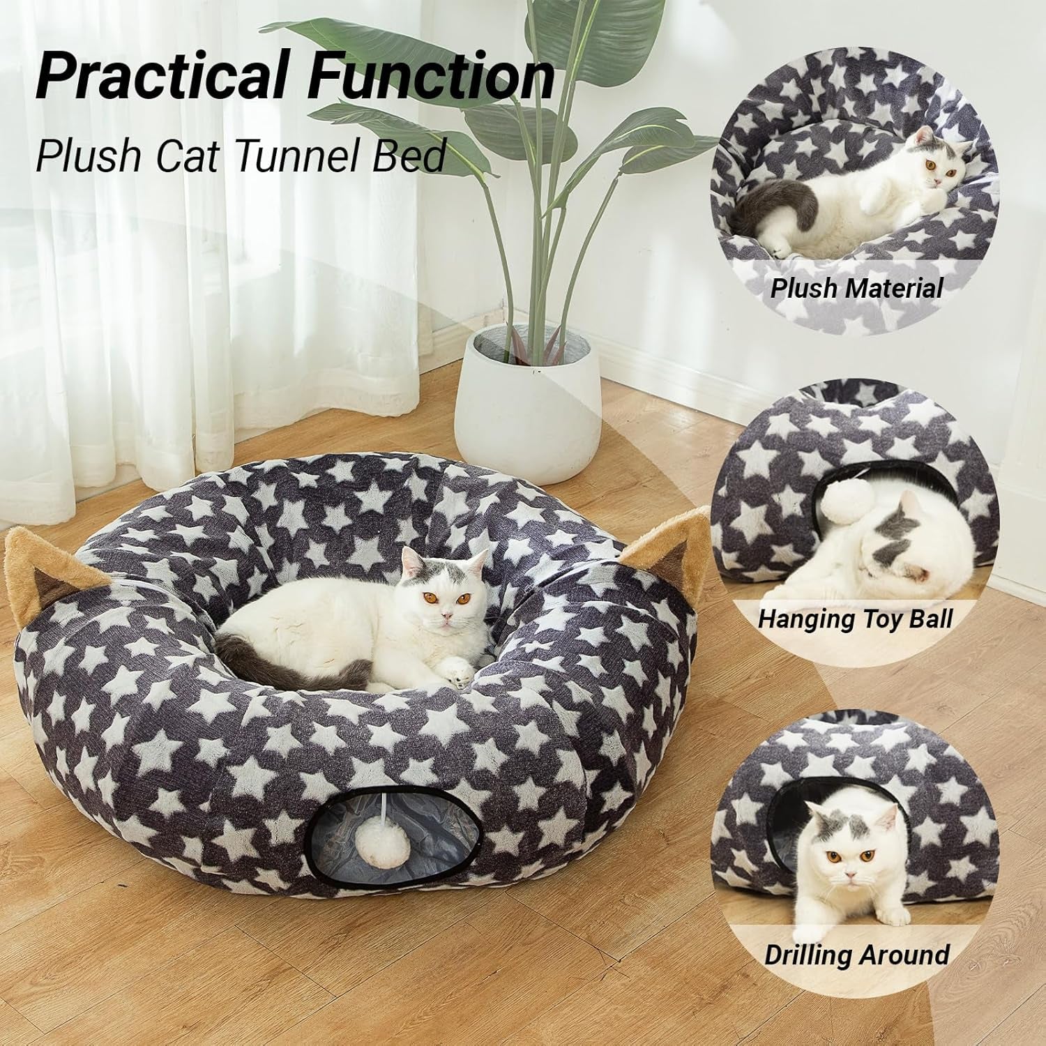 Large Cat Tunnel Bed with Plush Cover,Fluffy Toy Balls, Small Cushion and Flexible Design- 10 Inch Diameter, 3 Ft Length- Great for Cats, and Small Dogs, Gray Star Pattern