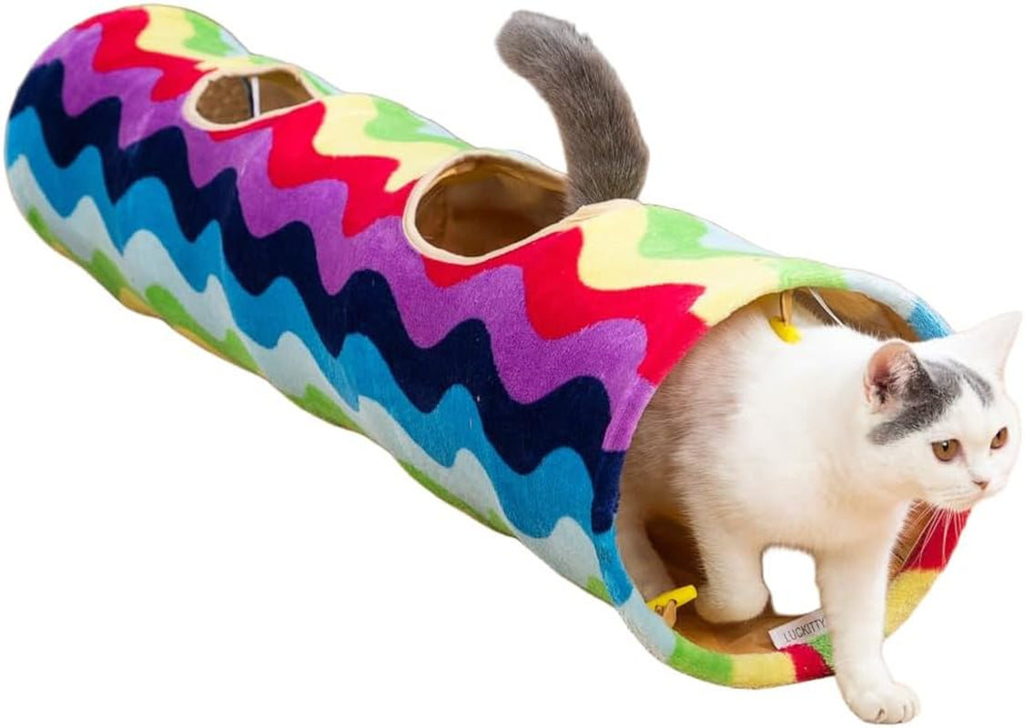 Large Cat Tunnel Bed with Plush Cover,Fluffy Toy Balls, Small Cushion and Flexible Design- 10 Inch Diameter, 3 Ft Length- Great for Cats, and Small Dogs, Gray Star Pattern