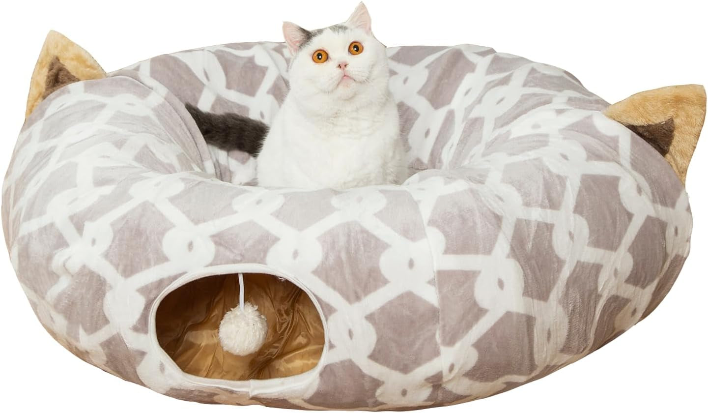 Large Cat Tunnel Bed with Plush Cover,Fluffy Toy Balls, Small Cushion and Flexible Design- 10 Inch Diameter, 3 Ft Length- Great for Cats, and Small Dogs, Gray Star Pattern