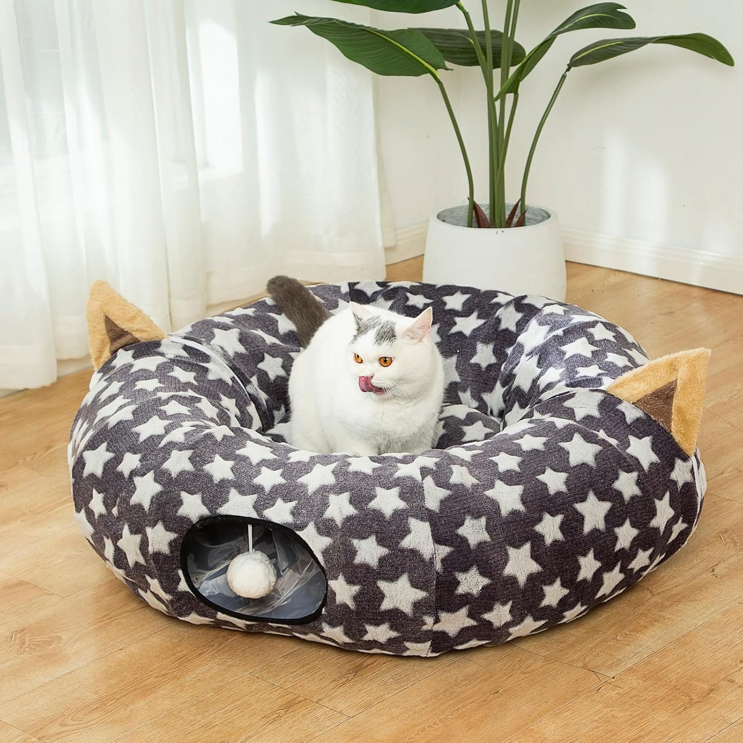 Large Cat Tunnel Bed with Plush Cover,Fluffy Toy Balls, Small Cushion and Flexible Design- 10 Inch Diameter, 3 Ft Length- Great for Cats, and Small Dogs, Gray Star Pattern