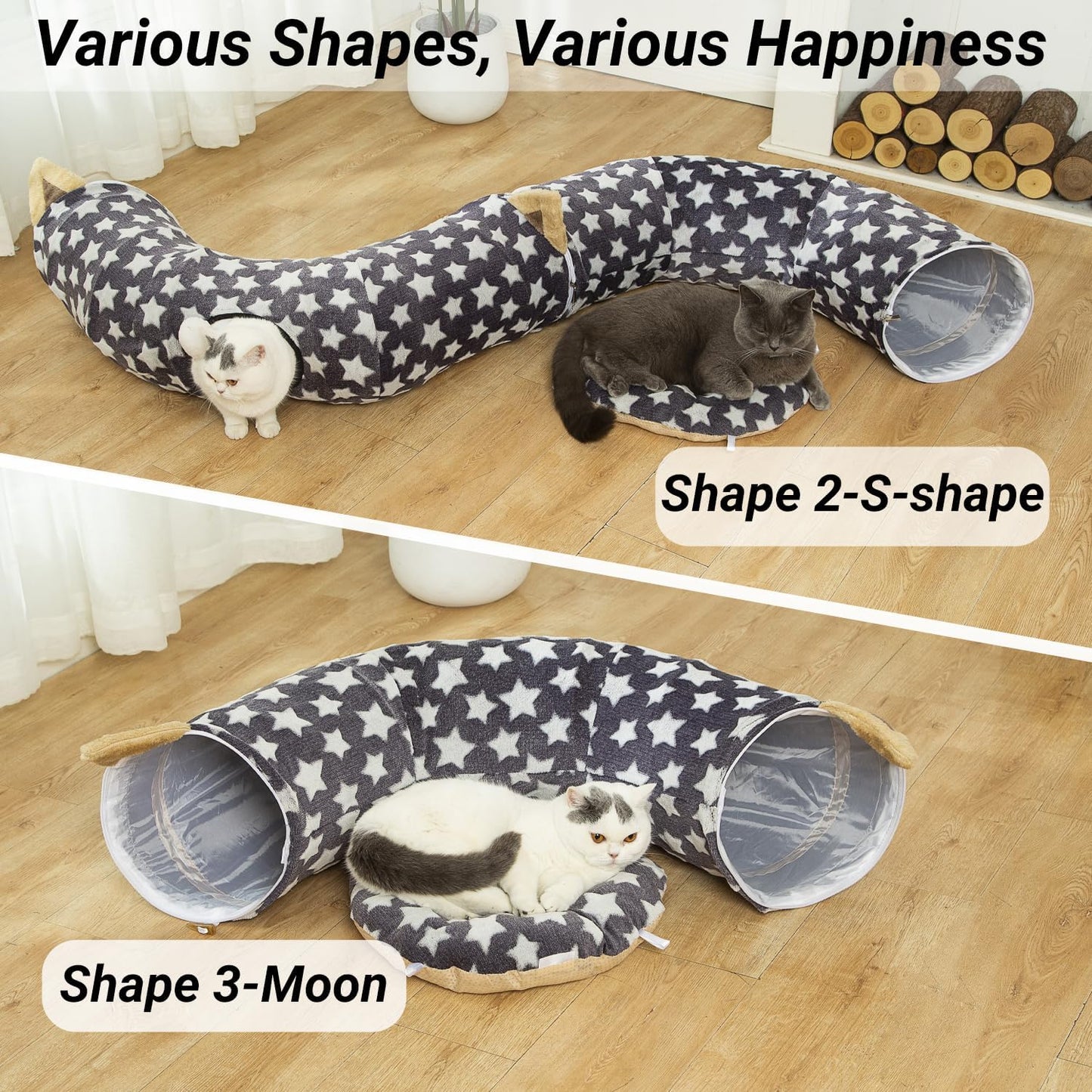 Large Cat Tunnel Bed with Plush Cover,Fluffy Toy Balls, Small Cushion and Flexible Design- 10 Inch Diameter, 3 Ft Length- Great for Cats, and Small Dogs, Gray Star Pattern