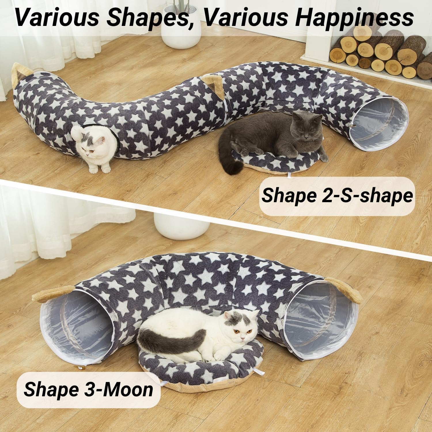 Large Cat Tunnel Bed with Plush Cover,Fluffy Toy Balls, Small Cushion and Flexible Design- 10 Inch Diameter, 3 Ft Length- Great for Cats, and Small Dogs, Gray Star Pattern