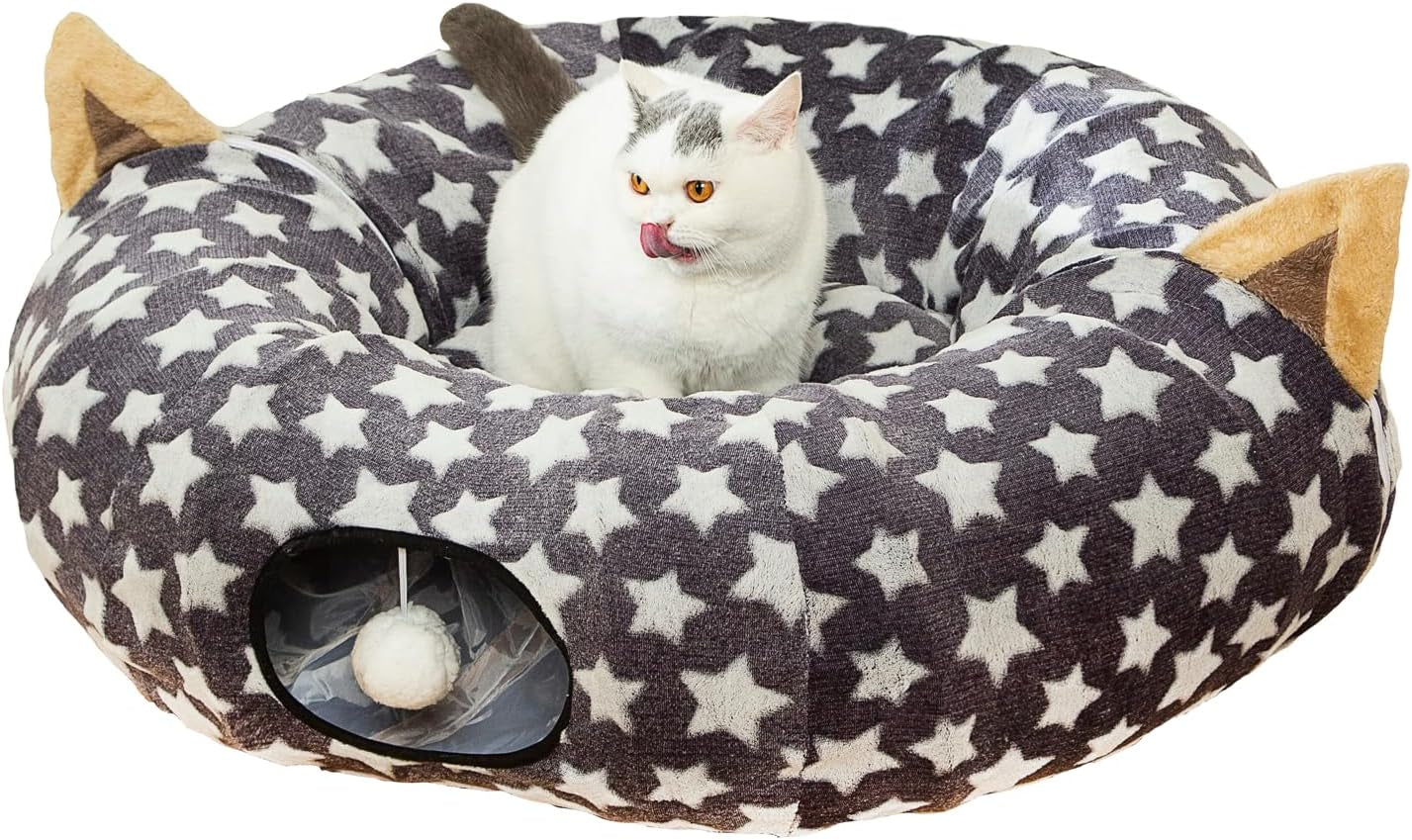 Large Cat Tunnel Bed with Plush Cover,Fluffy Toy Balls, Small Cushion and Flexible Design- 10 Inch Diameter, 3 Ft Length- Great for Cats, and Small Dogs, Gray Star Pattern