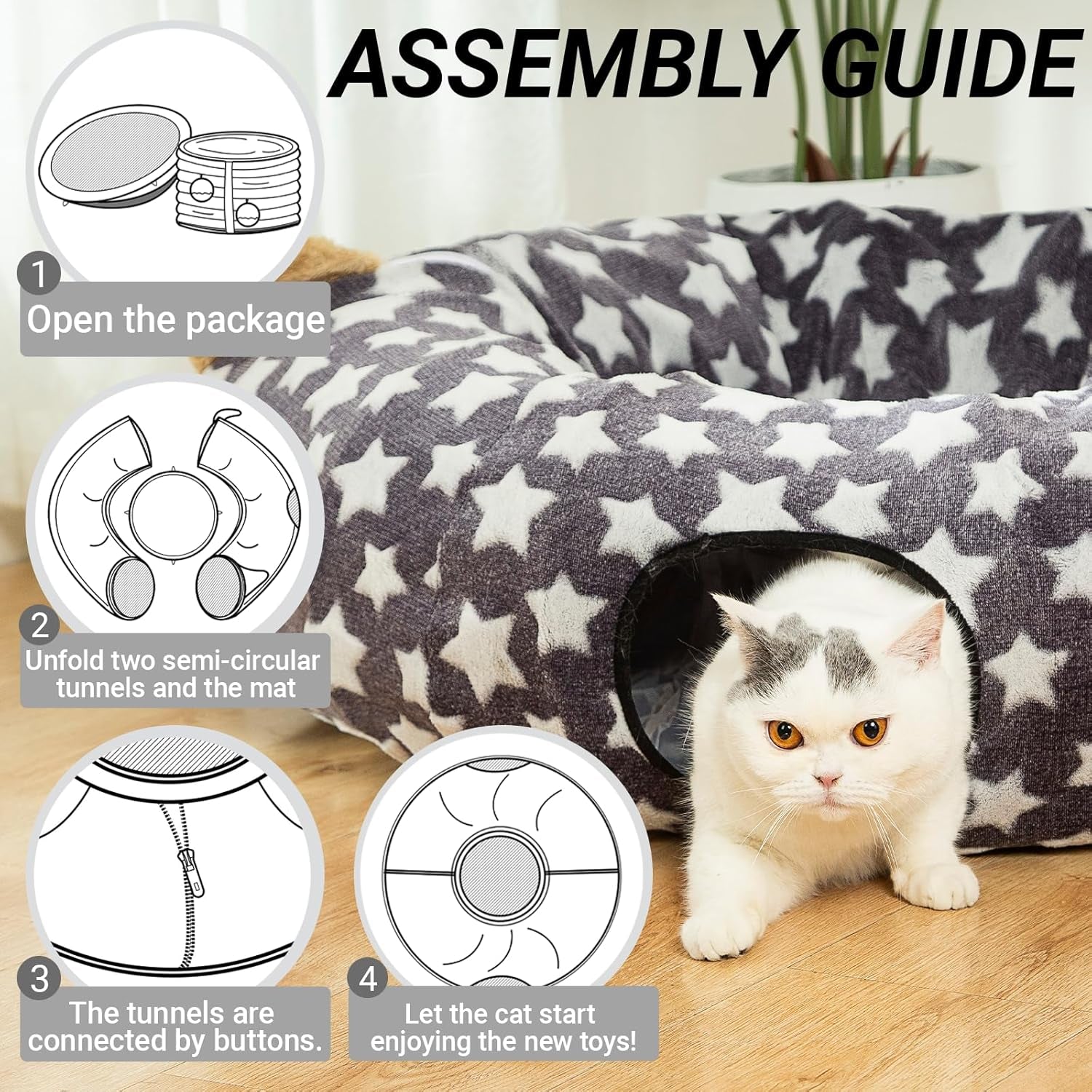 Large Cat Tunnel Bed with Plush Cover,Fluffy Toy Balls, Small Cushion and Flexible Design- 10 Inch Diameter, 3 Ft Length- Great for Cats, and Small Dogs, Gray Star Pattern